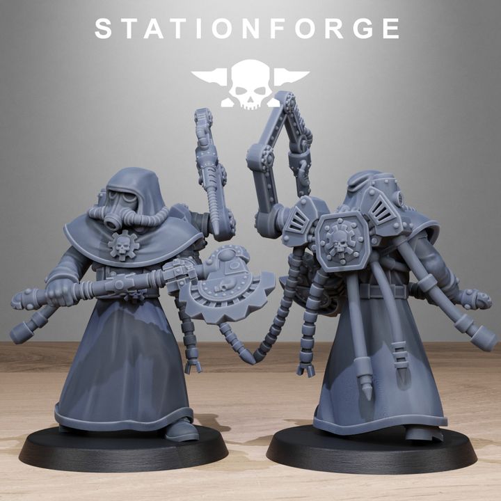 Grim Guard Tech Engineers, Imperial Army proxy miniature, character, 28mm heroic scale unpainted resin, view 7