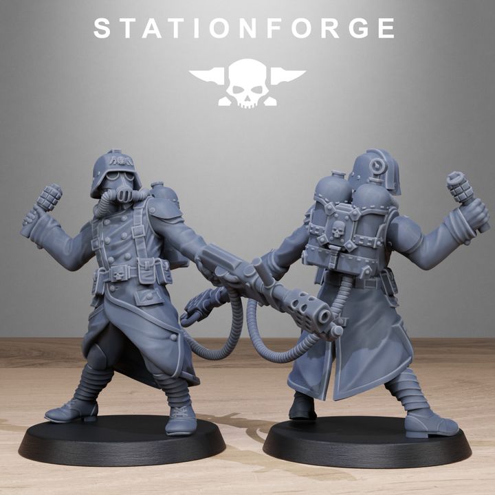 Grim Guard Flamers, Imperial Army proxy miniature, infantry, 28mm heroic scale unpainted resin, view 7