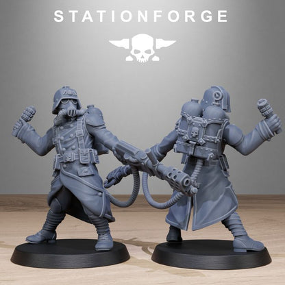Grim Guard Flamers, Imperial Army proxy miniature, infantry, 28mm heroic scale unpainted resin, view 7