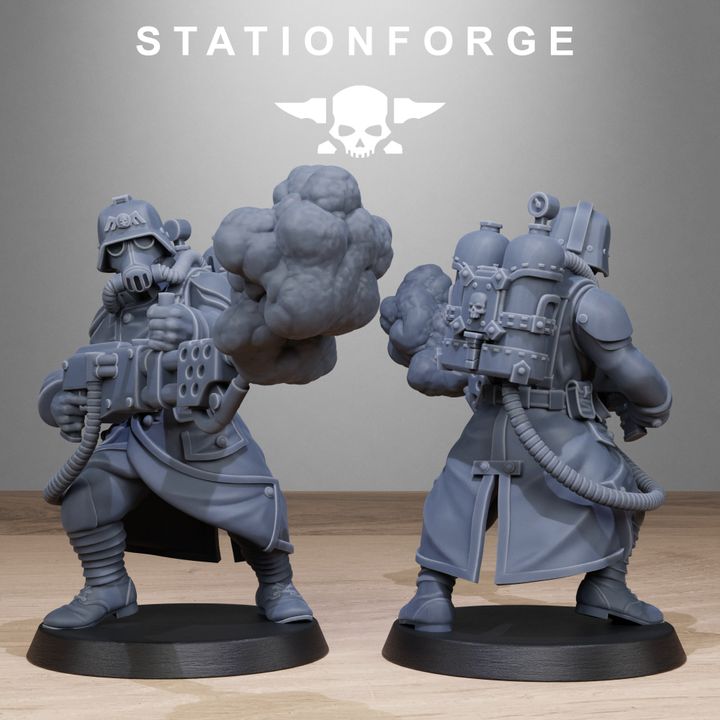 Grim Guard Flamers, Imperial Army proxy miniature, infantry, 28mm heroic scale unpainted resin, view 5