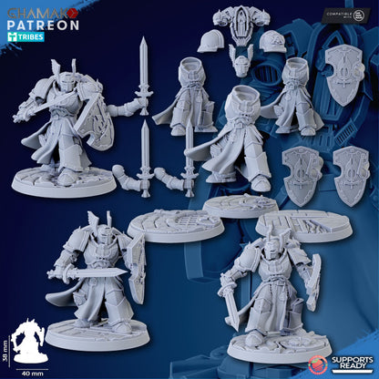 Hooded Knights Swords (3 Units), proxy miniature, squad, 28mm heroic scale unpainted resin