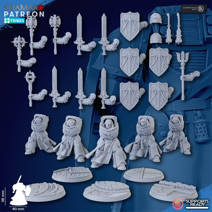 Hooded Knights Crusaders Of Death With Sword (5 Units), proxy miniature, squad, 28mm heroic scale, view 6