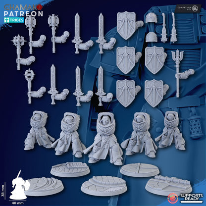 Hooded Knights Crusaders Of Death With Sword (5 Units), proxy miniature, squad, 28mm heroic scale, view 6