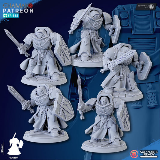 Hooded Knights Crusaders Of Death With Sword (5 Units), proxy miniature, squad, 28mm heroic scale, view 3