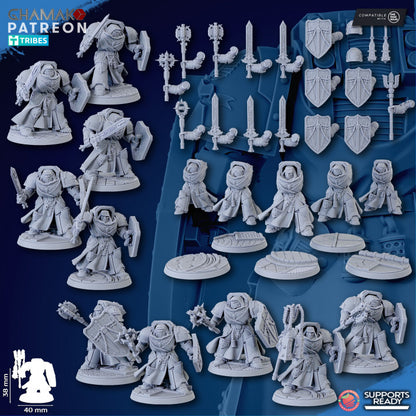 Hooded Knights Crusaders Of Death With Mace (5 Units), proxy miniature, squad, 28mm heroic scale unpainted resin
