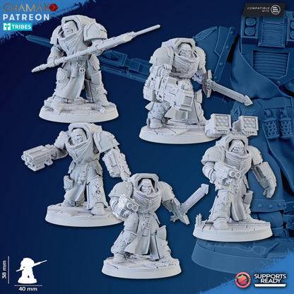 Hooded Knights Exterminator Command Squad (5 Units), proxy miniature, 28mm heroic scale unpainted resin
