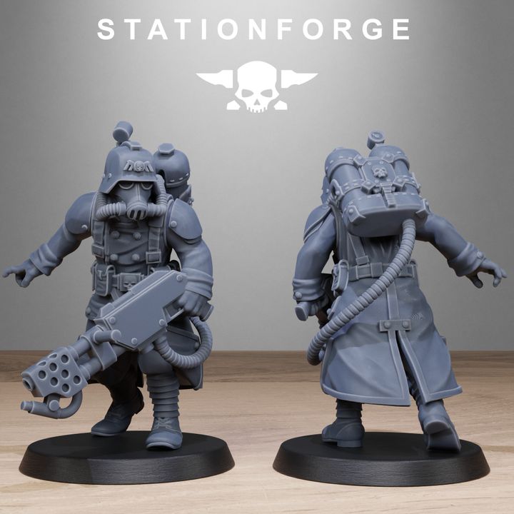 Grim Guard Flamers, Imperial Army proxy miniature, infantry, 28mm heroic scale unpainted resin, view 9