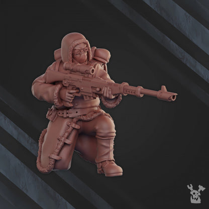 Frostborn Division Snipers Squad, Imperial Army proxy miniature, 28mm heroic scale unpainted resin, view 4