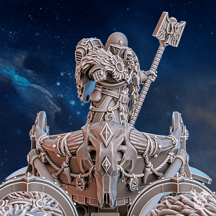 Battle Sisters Jarl Arna On Stormchariot, proxy miniature, vehicle, 28mm heroic scale unpainted resin, view 2