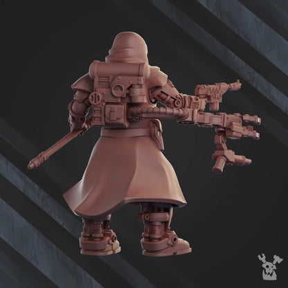 Frostborn Division Machine Cult Engineer, Imperial Army proxy miniature, character, 28mm heroic scale unpainted resin, view 3
