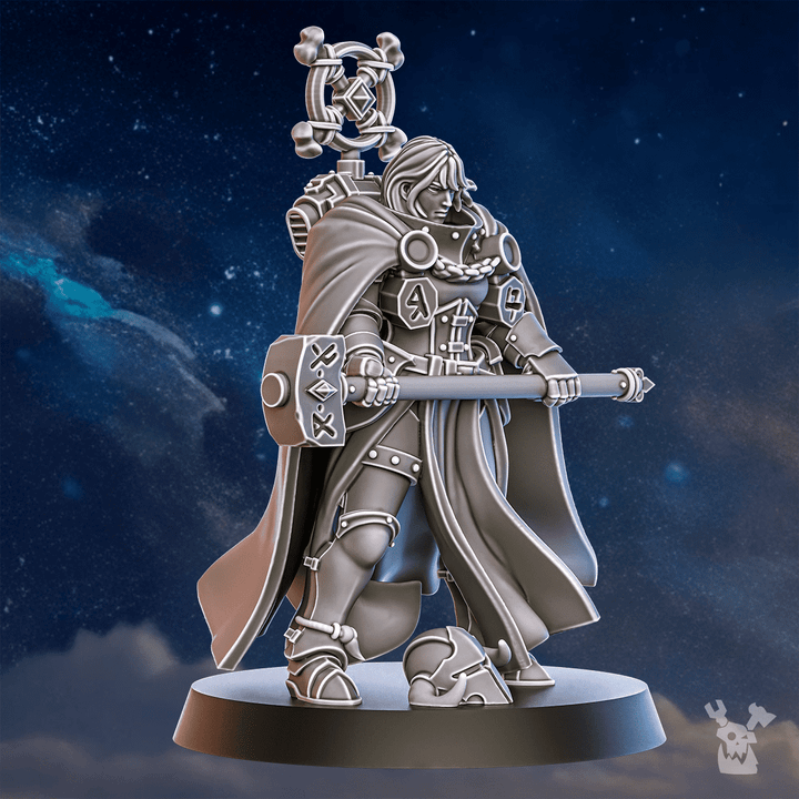 Battle Sisters Runerules Master, proxy miniature, character, 28mm heroic scale unpainted resin, view 4