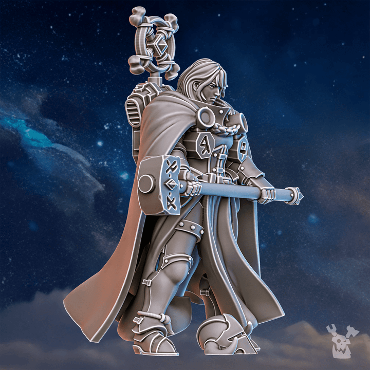 Battle Sisters Runerules Master, proxy miniature, character, 28mm heroic scale unpainted resin, view 2