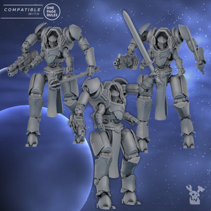 Battle Sisters Exosuit Squad, proxy miniature, 28mm heroic scale unpainted resin