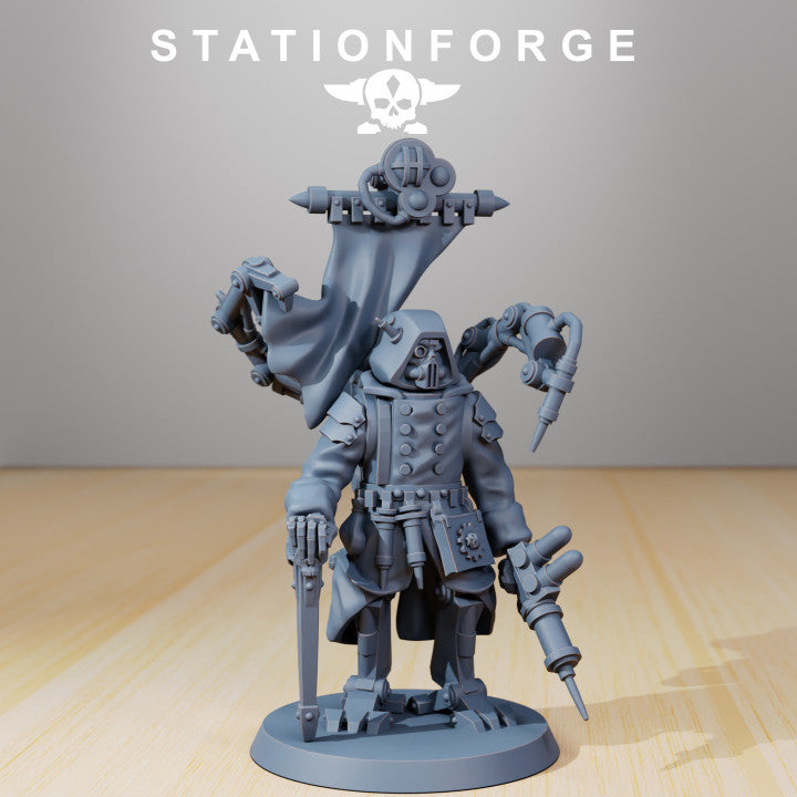 Scavenger Repair Doc, Tech Priests proxy miniature, 28mm heroic scale unpainted resin, view 3