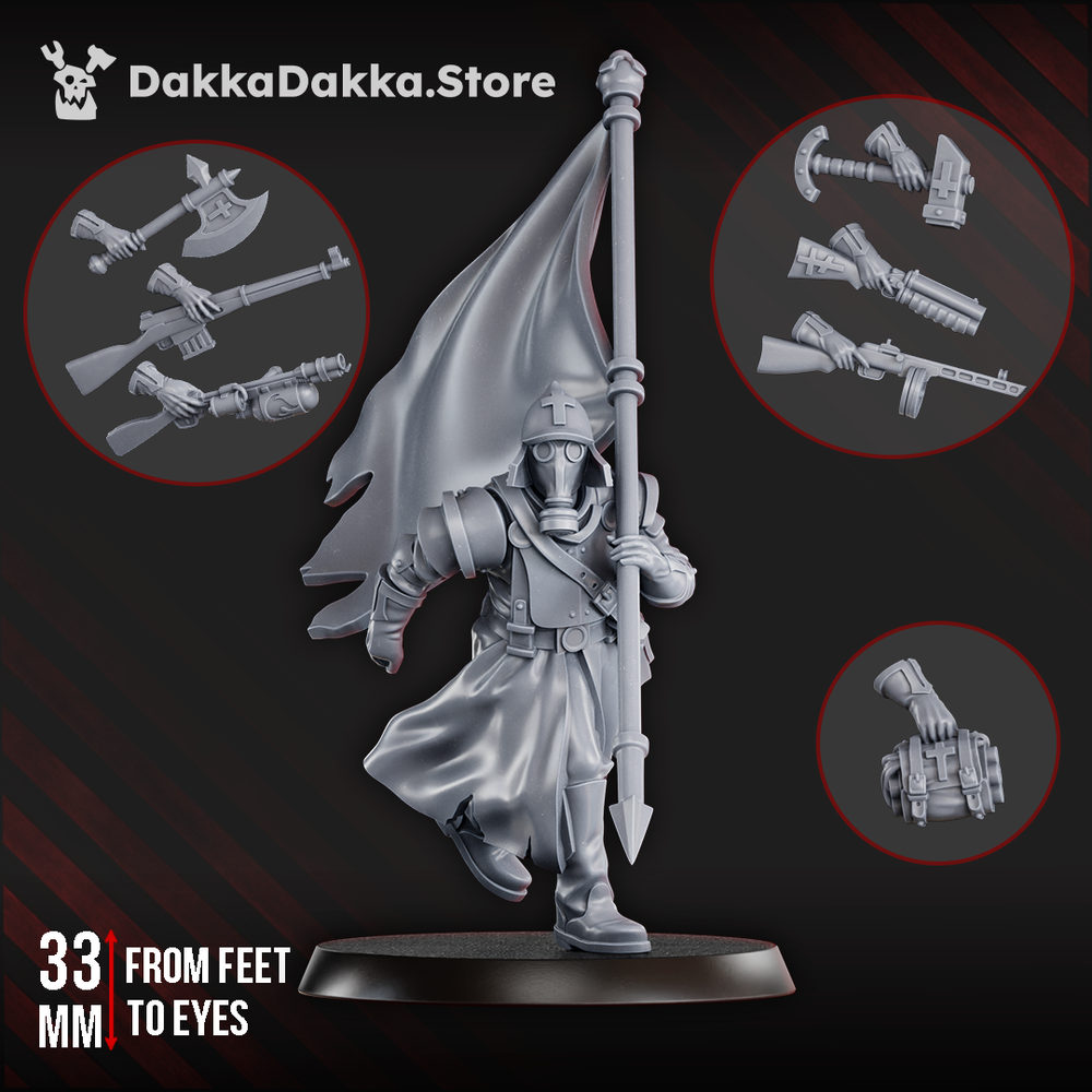 Imperial Army Choragiew Bearer, Imperial Army proxy miniature, 28mm heroic scale unpainted resin, view 2