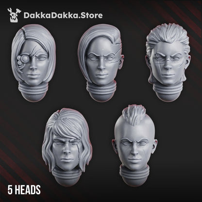 Battle Sisters War Sisters Head Bits Ebony Grail Set x5 (5 Units), Battle Sisters resin conversion bits, 28mm heroic scale