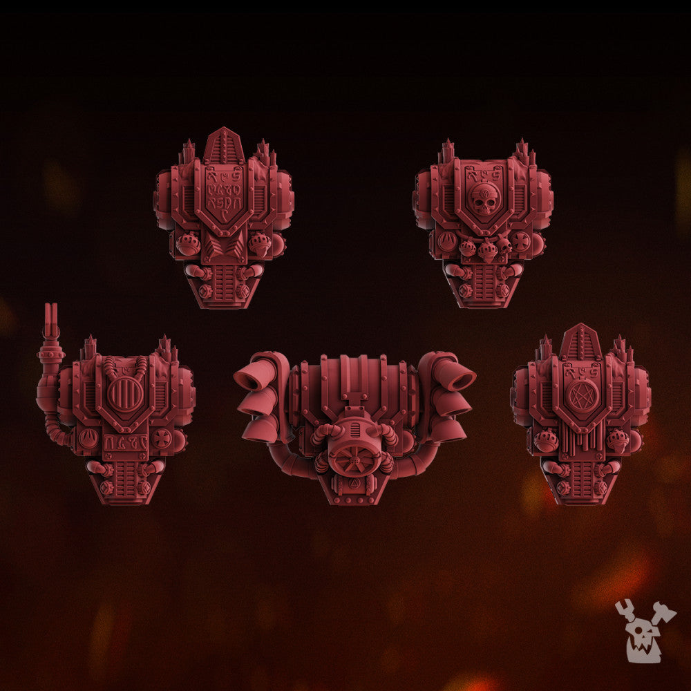 Flame Knights Fire Preachers Backpacks Set x5 (5 Units), Flame Knights resin conversion bits, 28mm heroic scale unpainted