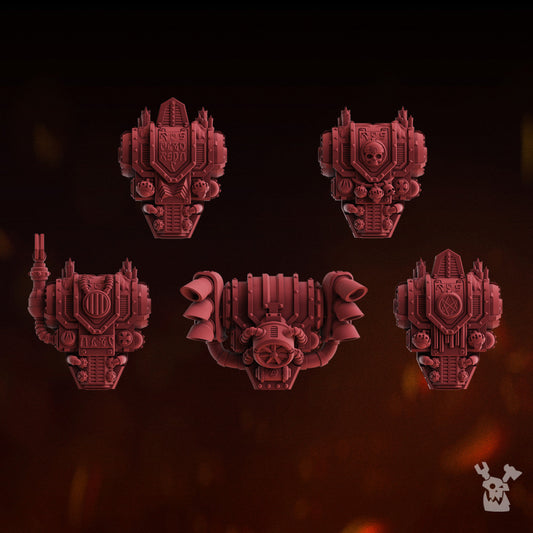 Flame Knights Fire Preachers Backpacks Set x5 (5 Units), Flame Knights resin conversion bits, 28mm heroic scale unpainted