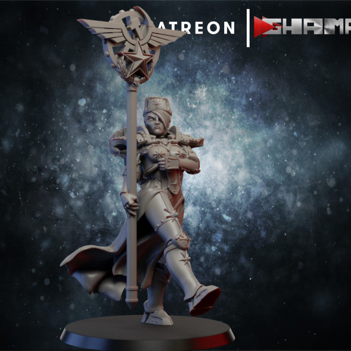 Battle Sisters Red Sisters 3 Standard, Battle Sisters proxy miniature, 28mm heroic scale unpainted resin