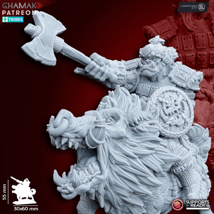 Orc Boss on War Boar, resin miniature, 28mm heroic scale unpainted resin, view 2