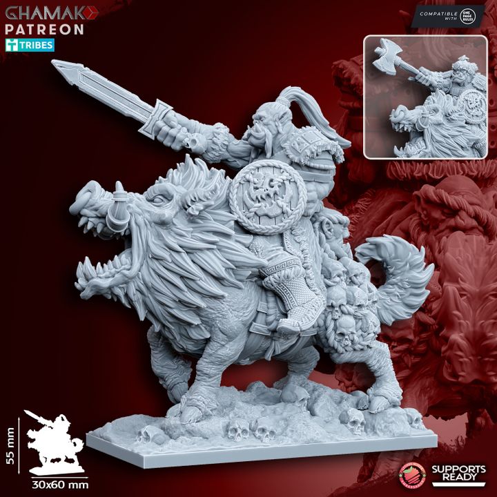Orc Boss on War Boar, resin miniature, 28mm heroic scale unpainted resin, view 3