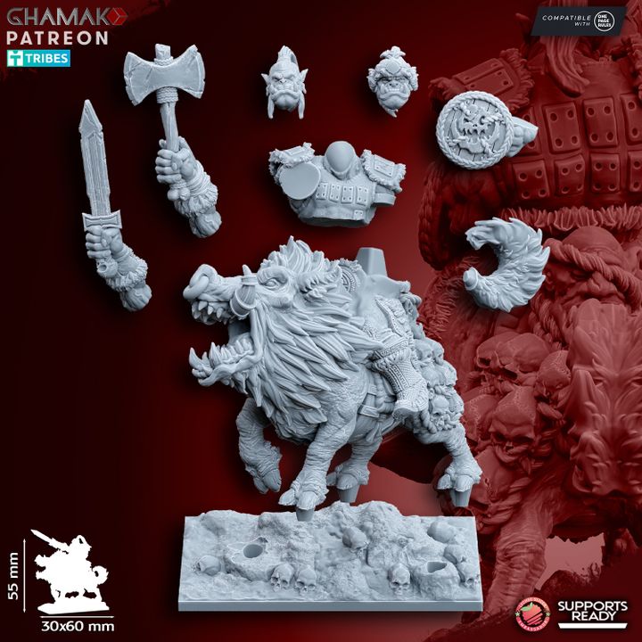 Orc Boss on War Boar, resin miniature, 28mm heroic scale unpainted resin, view 4