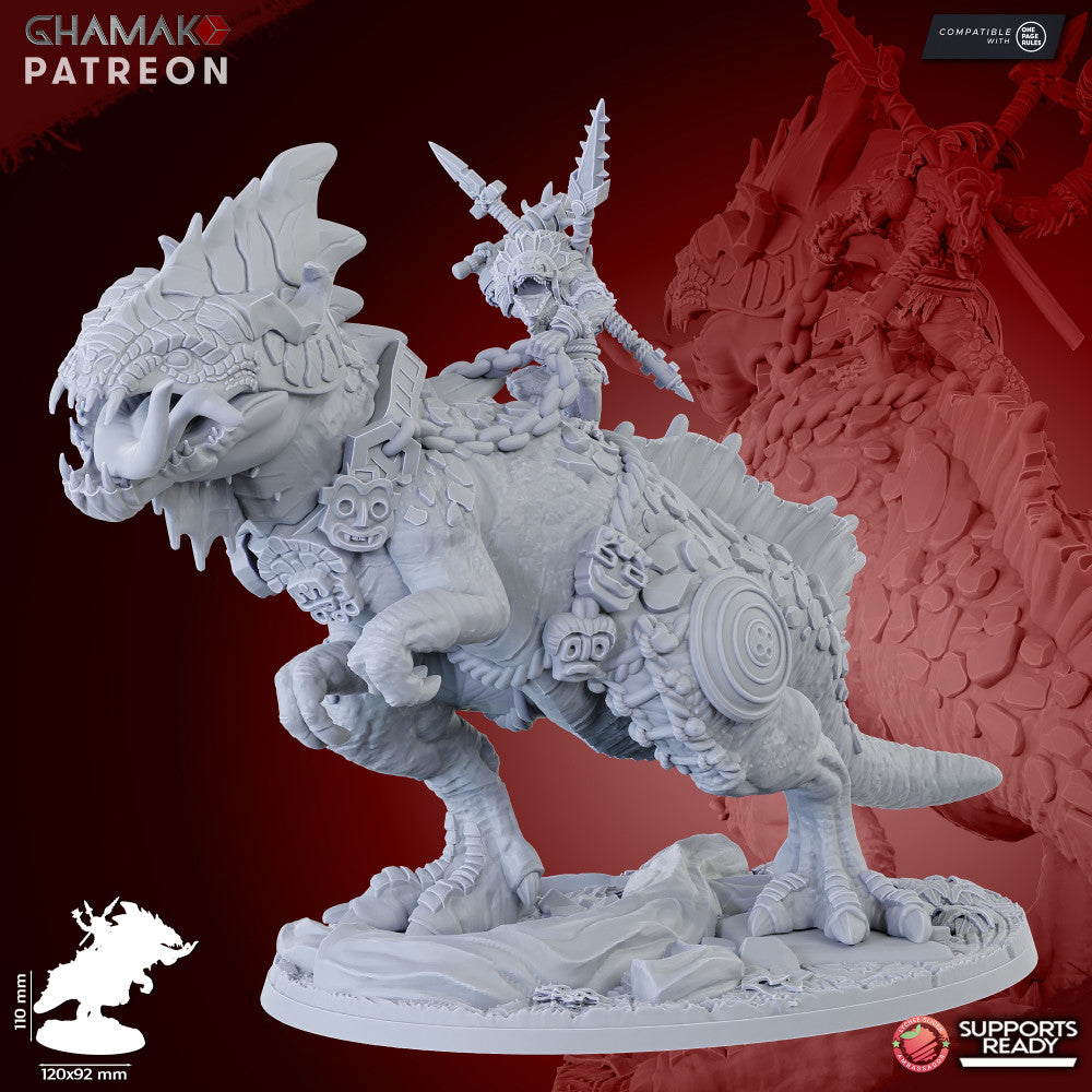 Gek'o Warlock on Spinosaurus, resin miniature, 28mm heroic scale unpainted resin