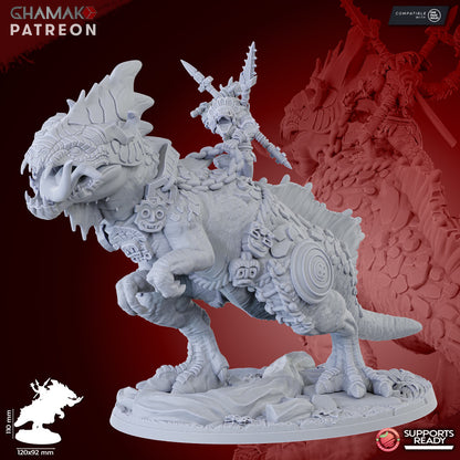 Gek'o Warlock on Spinosaurus, resin miniature, 28mm heroic scale unpainted resin
