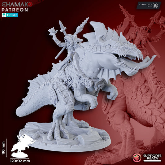 Gek'o Warlock on Spinosaurus, resin miniature, 28mm heroic scale unpainted resin, view 2