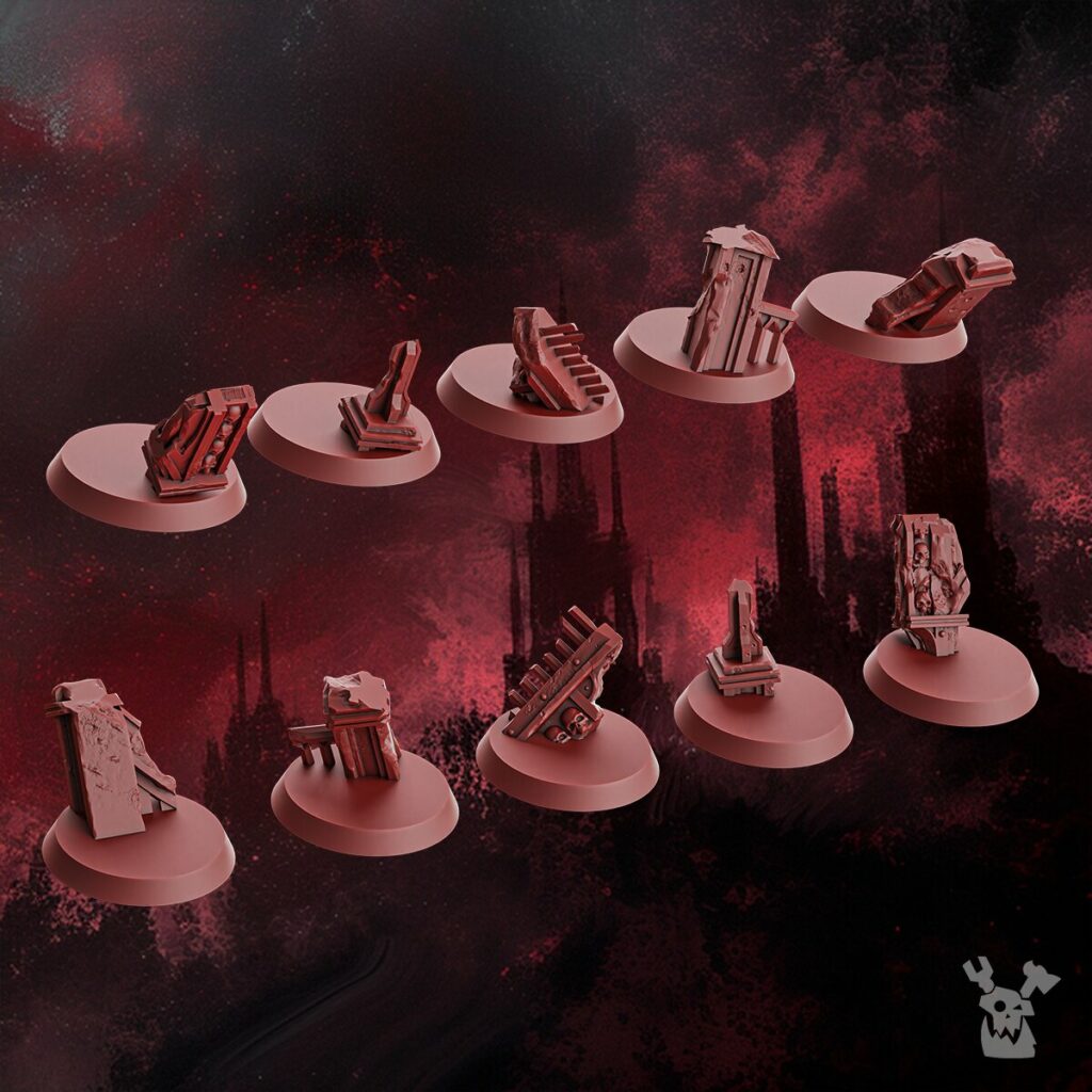 Crimson Knights Assault Decor Set, resin miniature bases, bits, 28mm heroic scale unpainted resin, view 2