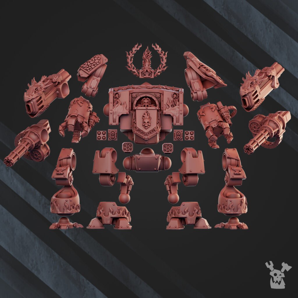 Flame Knights Stormdread, proxy miniature, walker, 28mm heroic scale unpainted resin, view 4
