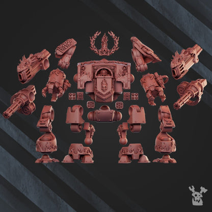 Flame Knights Stormdread, proxy miniature, walker, 28mm heroic scale unpainted resin, view 4