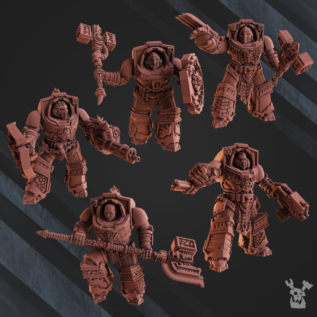 Flame Knights Volcano Armor Squad, proxy miniature, 28mm heroic scale unpainted resin