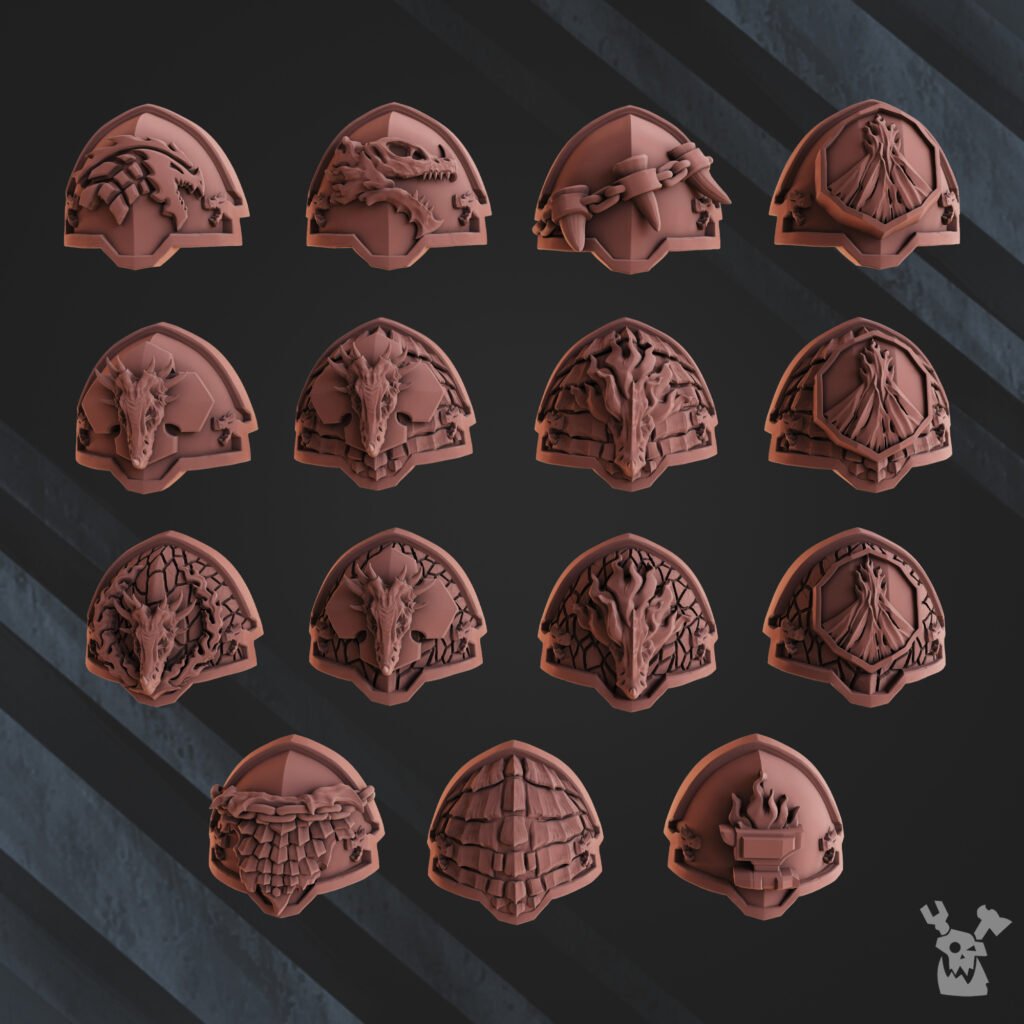 Flame Knights Volcano Armor Squad, proxy miniature, 28mm heroic scale unpainted resin, view 2