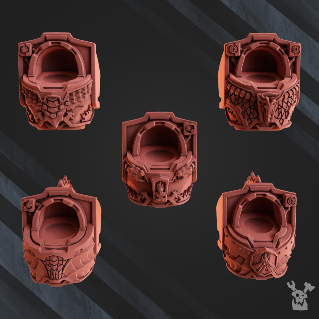 Flame Knights Volcano Armor Squad, proxy miniature, 28mm heroic scale unpainted resin, view 3