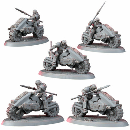 Crimson Knights On Bikes With Spears, proxy miniature, 28mm heroic scale unpainted resin