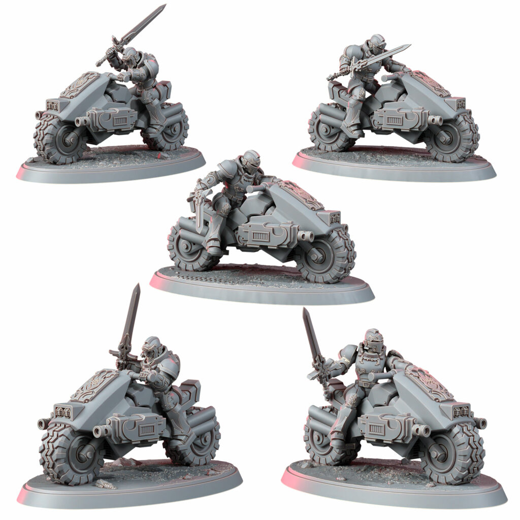 Crimson Knights On Bikes With Swords, proxy miniature, weapons, 28mm heroic scale unpainted resin