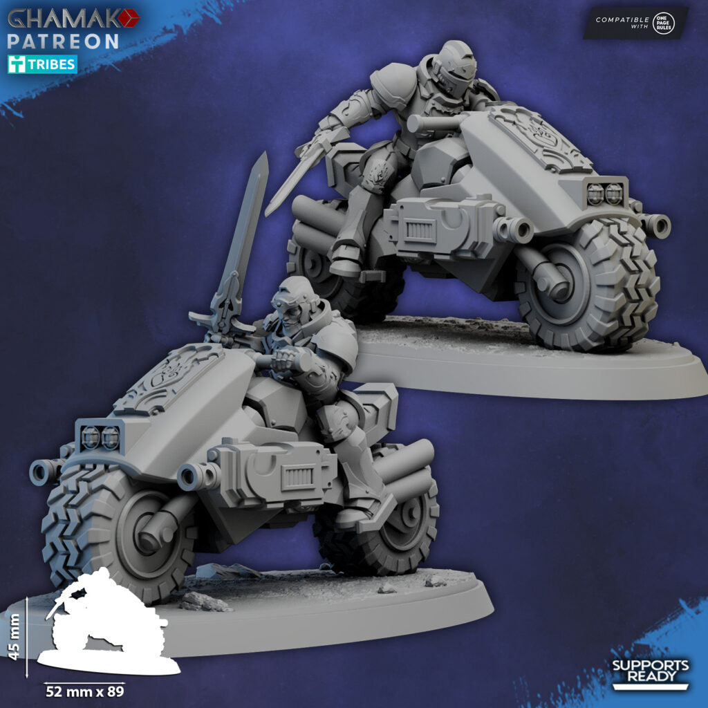 Crimson Knights On Bikes With Swords, proxy miniature, weapons, 28mm heroic scale unpainted resin, view 3