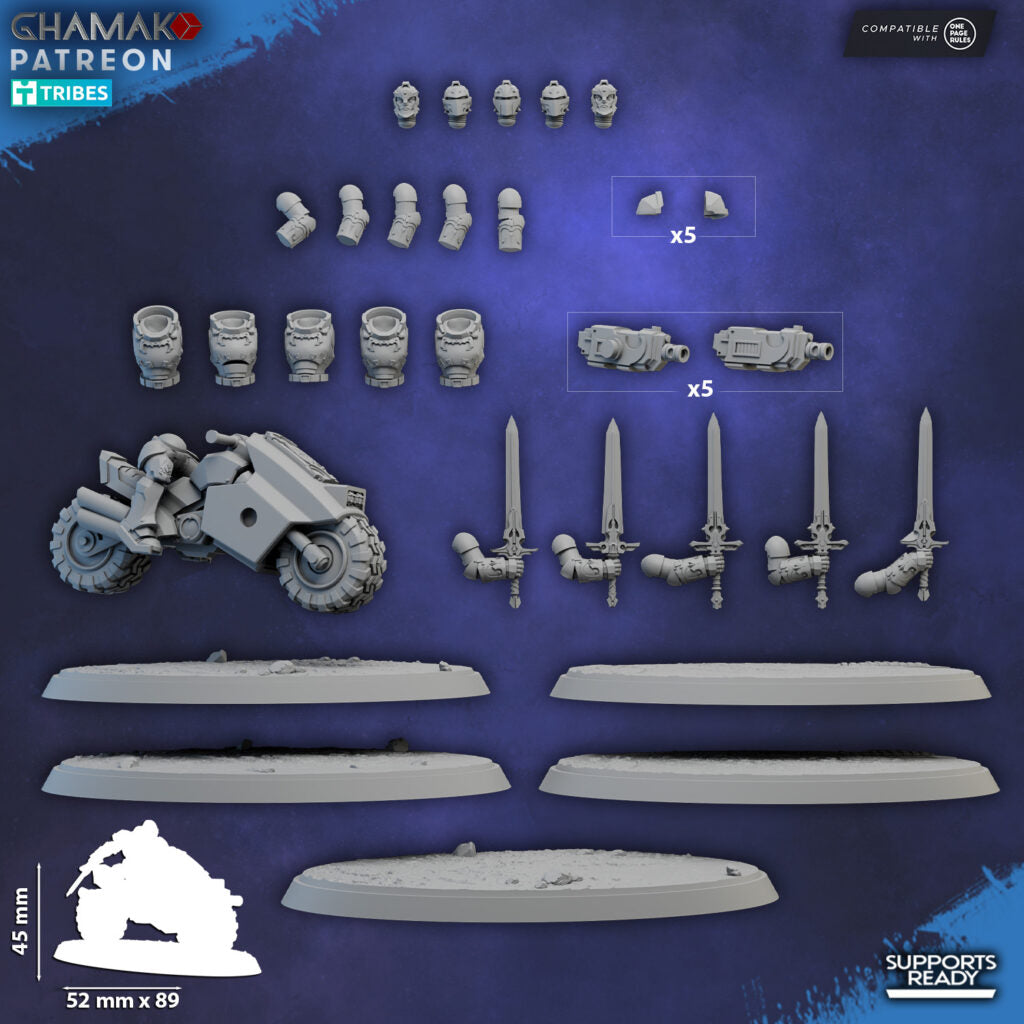 Crimson Knights On Bikes With Swords, proxy miniature, weapons, 28mm heroic scale unpainted resin, view 4
