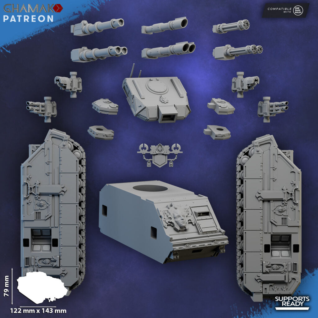 Crimson Knights Tactical Tank, proxy miniature, 28mm heroic scale unpainted resin, view 3