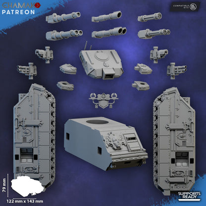 Crimson Knights Tactical Tank, proxy miniature, 28mm heroic scale unpainted resin, view 3