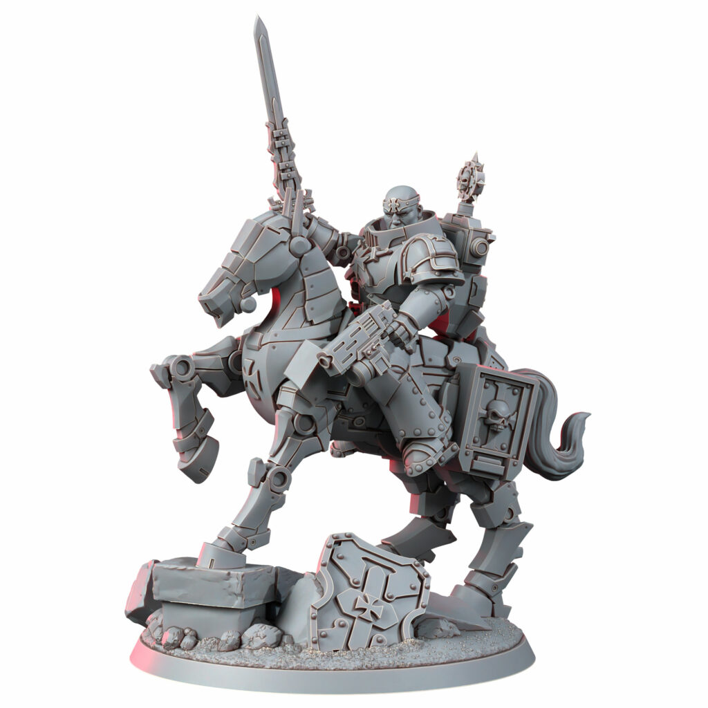 Crusader Knights Captain On Mechanized Warhorse, proxy miniature, character, 28mm heroic scale unpainted resin