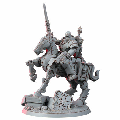 Crusader Knights Captain On Mechanized Warhorse, proxy miniature, character, 28mm heroic scale unpainted resin