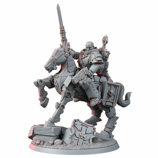 Crusader Knights Captain On Mechanized Warhorse, proxy miniature, character, 28mm heroic scale unpainted resin