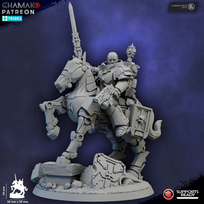 Crusader Knights Captain On Mechanized Warhorse, proxy miniature, character, 28mm heroic scale unpainted resin, view 2