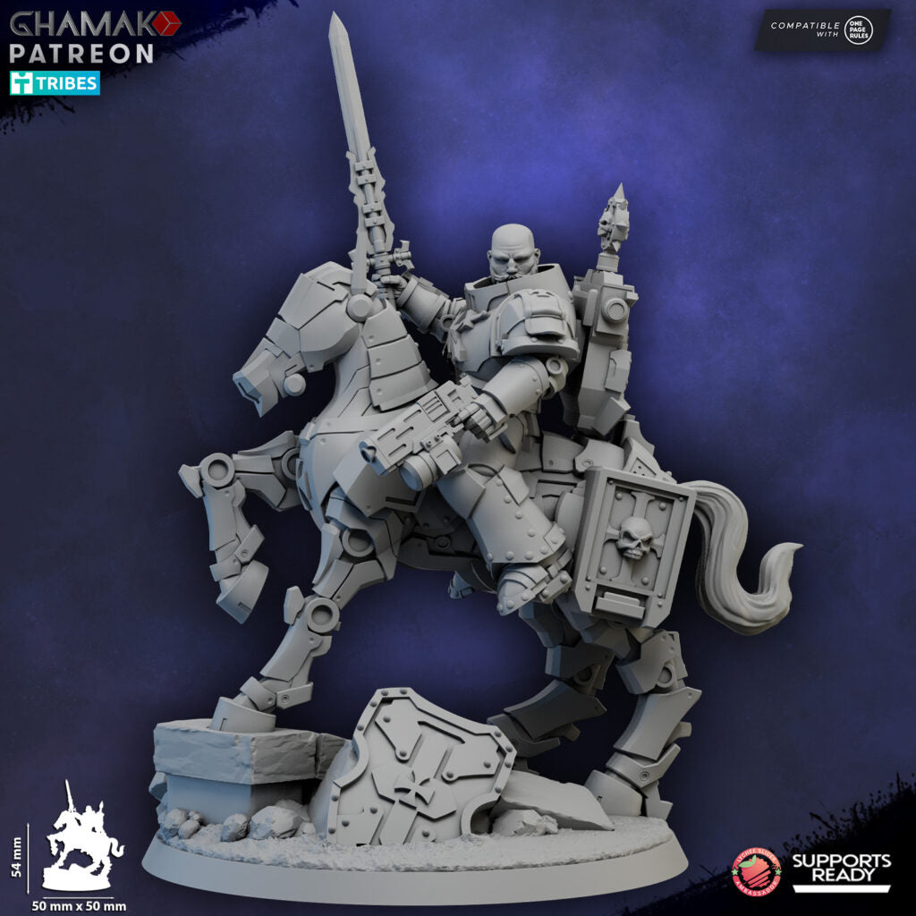 Crusader Knights Captain On Mechanized Warhorse, proxy miniature, character, 28mm heroic scale unpainted resin, view 3