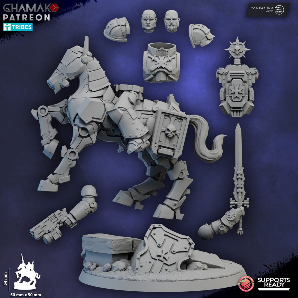 Crusader Knights Captain On Mechanized Warhorse, proxy miniature, character, 28mm heroic scale unpainted resin, view 4
