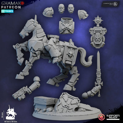 Crusader Knights Captain On Mechanized Warhorse, proxy miniature, character, 28mm heroic scale unpainted resin, view 4
