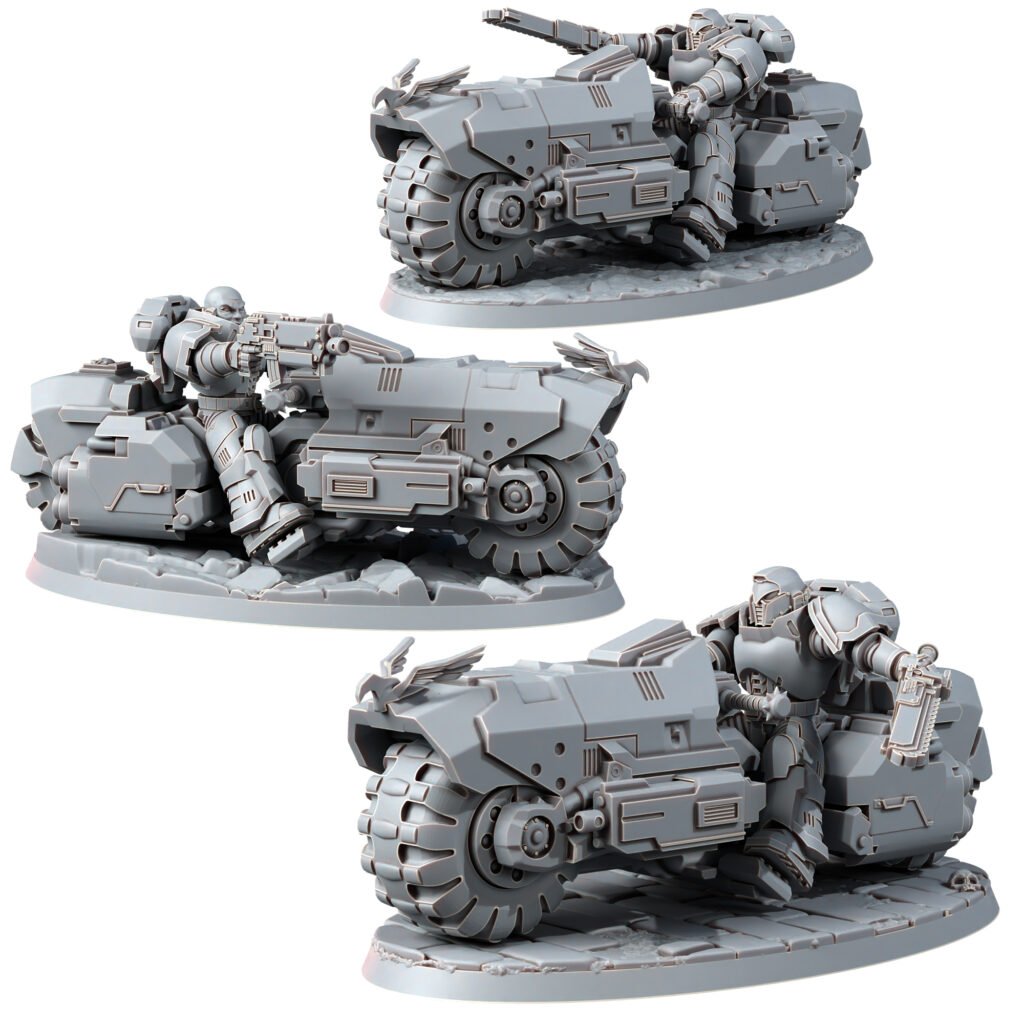 Space Knights War Bike Squadron On Wheels (3 Units), proxy miniature, 28mm heroic scale unpainted resin