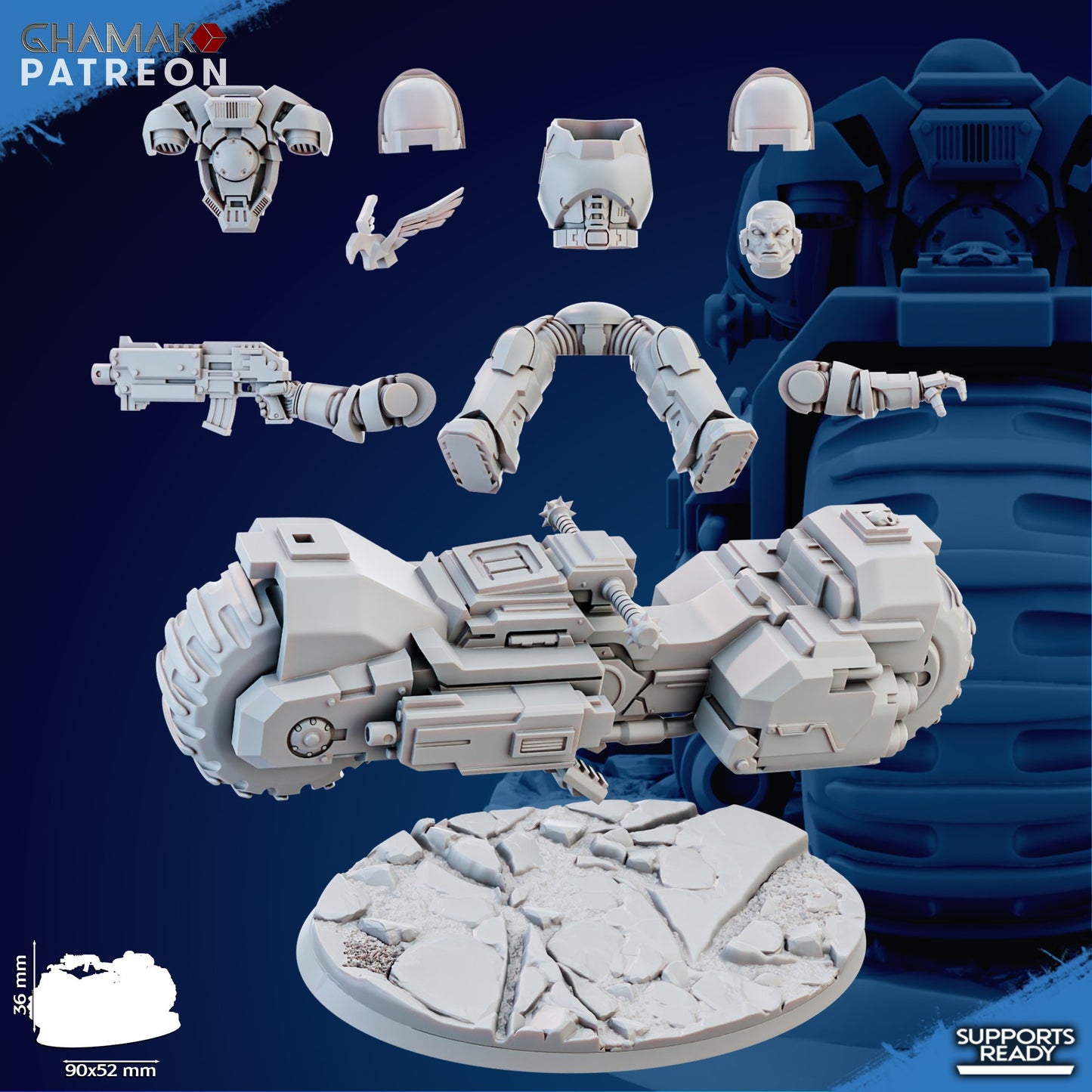 Space Knights War Bike Squadron On Wheels (3 Units), proxy miniature, 28mm heroic scale unpainted resin, view 9